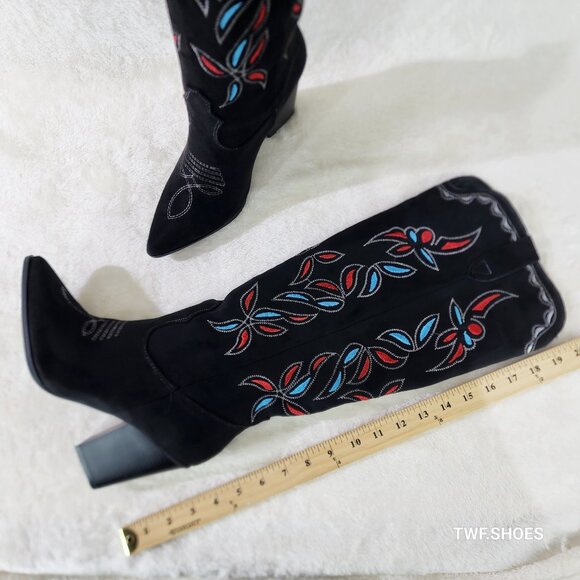 Size 10 Black Faux Suede Western Cowgirl Knee Boots Colorful Embroidered Design - Picture 10 of 10